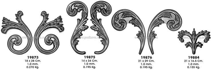 Фото: штампованные накладки для кованых ворот и стальных дверей. Продажа недорого оптом и в розницу штампованных накладок: 19873, 19875, 19876, 19884