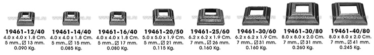 Кованые и литые подпятники для балясин и столбов. Подпятники недорого для профильной трубы 20х20 мм, 25х25 мм, 30х30 мм, 40х40 мм. Недорого подпятники 819/3, 819/1, 819/16, 19461-12/40, 19461-14/40, 19461-20/50, 19461-25/60, 19461-30/60, 19461-40/80